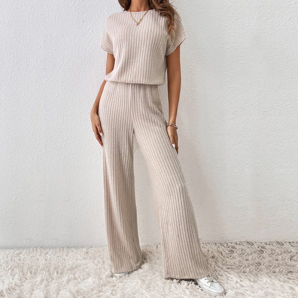 Solid Color Knitted Round Neck Top and Trousers Two-Piece Set