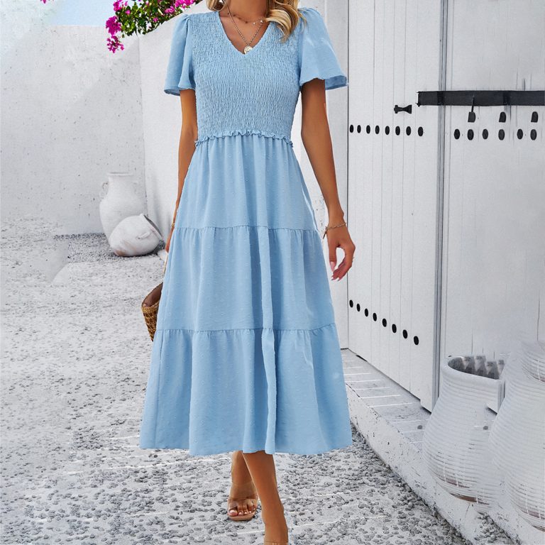 Women Clothing Spring Summer Casual Solid Color V Neck Short Sleeve Dress