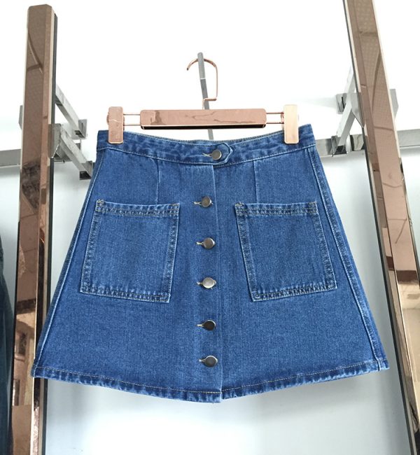 Korean Dongdaemun Personalized Large Pocket Breasted Office Denim A line Skirt Outfit Ideas