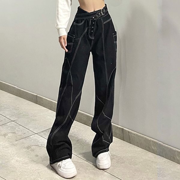 Women Unique Design Bright Line Denim Straight-Leg Pants