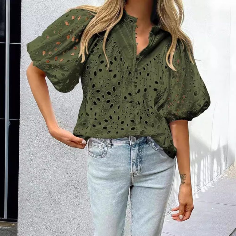 Women’s Embroidery Hollow Out Cutout Lantern Sleeve Shirt