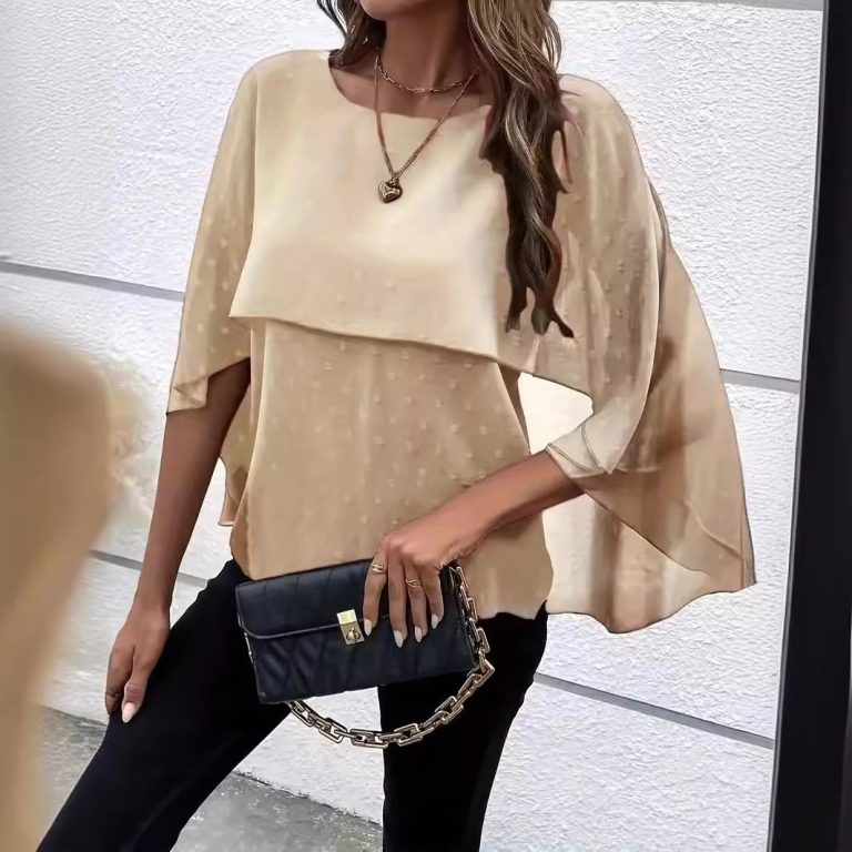 Women Clothing Summer Solid Color Layered Cape Sleeve Shirt