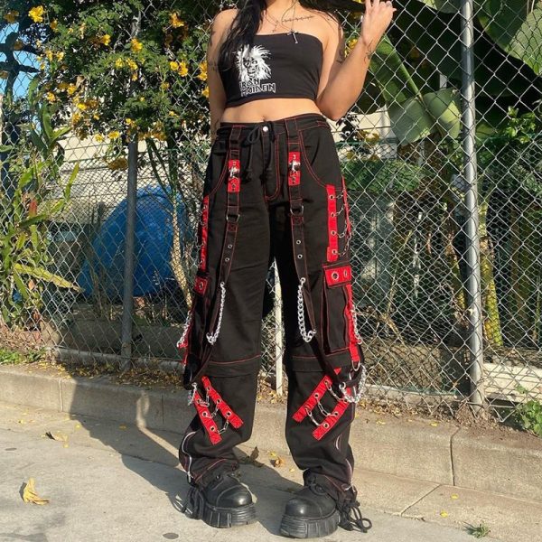 Women Clothing Cool Strap Heavy Industry Street Hip Hop Trousers