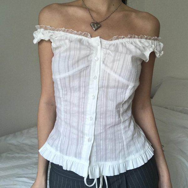 French Girl Lace Off Neck Breasted Vertical Pattern Puff Top