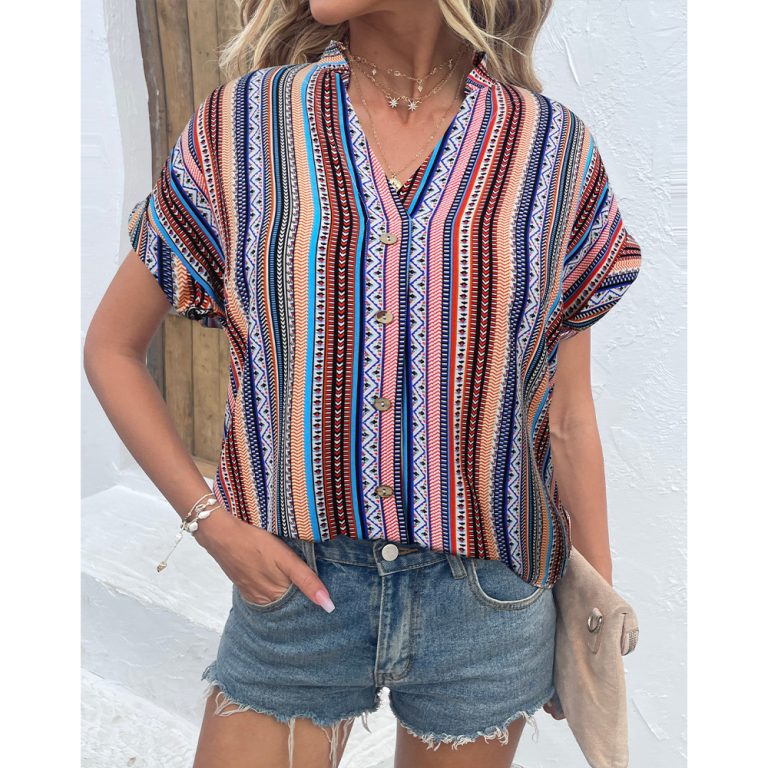 Summer Shirt Striped Button Short Sleeve Shirt Women Loose Fitting Outfit Ideas