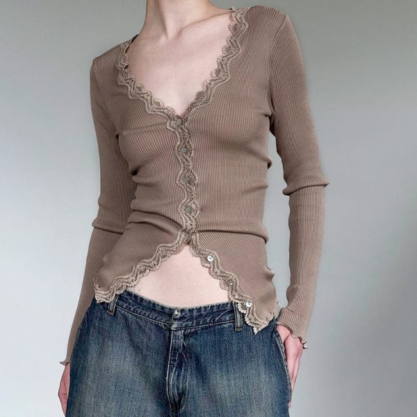 Lace V neck Patchwork Single Breasted Slimming Sweater