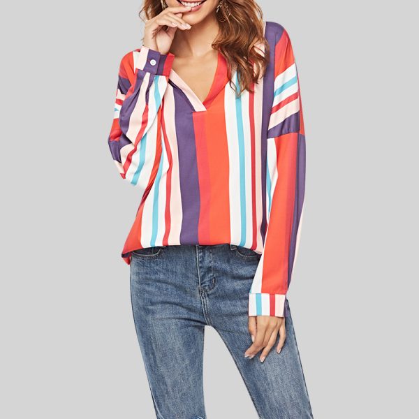 Color Stripes V-Neck Long Sleeve Shirt: Women's