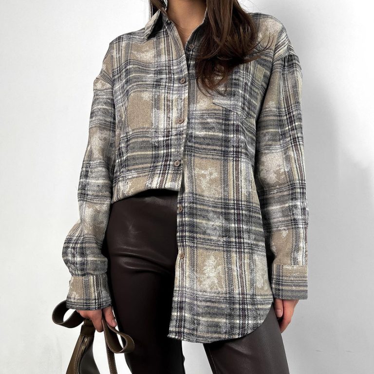 Women’s Mid Length Cotton Niche Design Plaid Long Sleeve Shirt