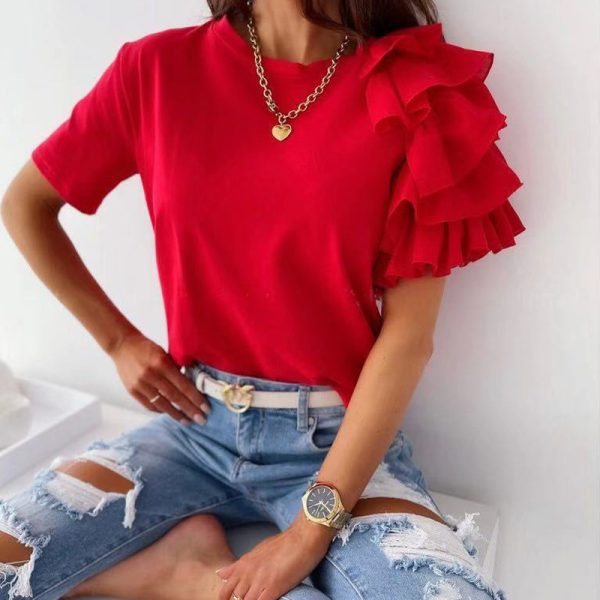 Korean Elegant Simple Ruffled Petal T-Shirt: Women's Asymmetric Round Neck Short Sleeve