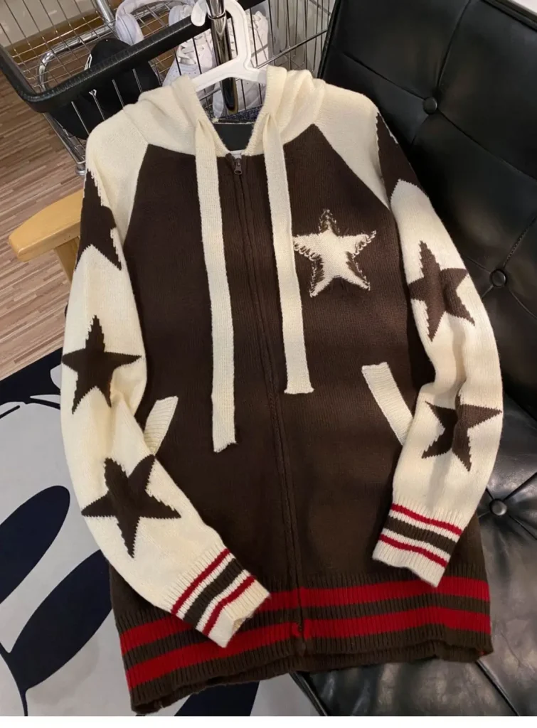 Star Zipper Retro Loose Knitted Cardigan Harajuku Long-sleeved Hoodie