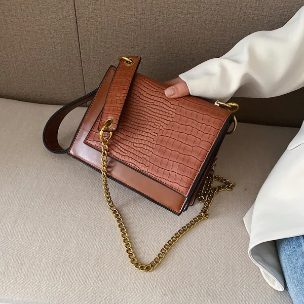 Leather Flap Square Metal Chain Crossbody Shoulder Bag