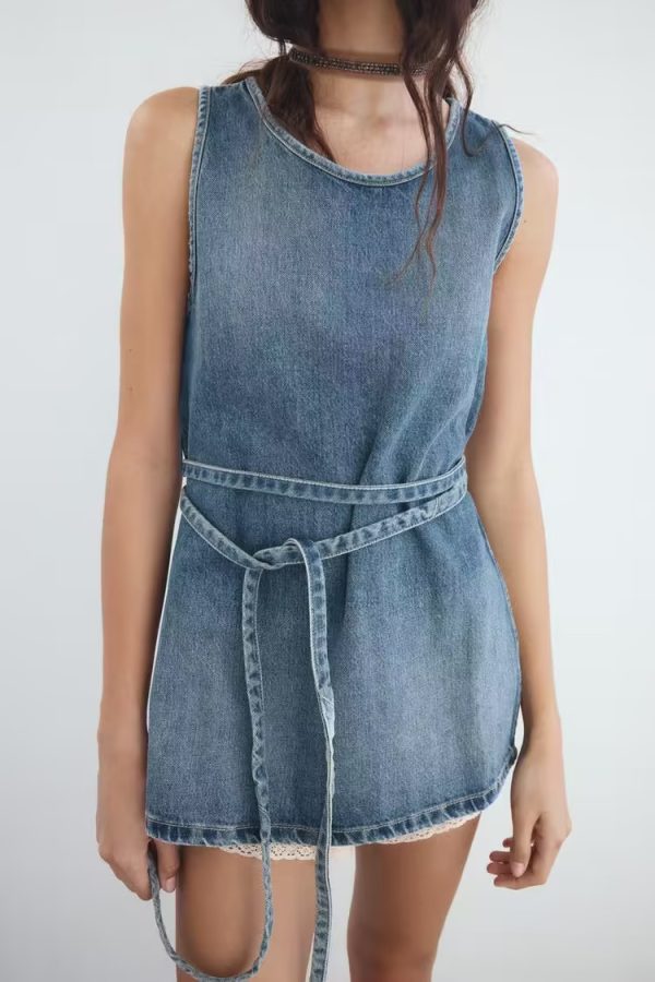 Women's Wear Round Neck with Belt Sleeveless Denim Dress