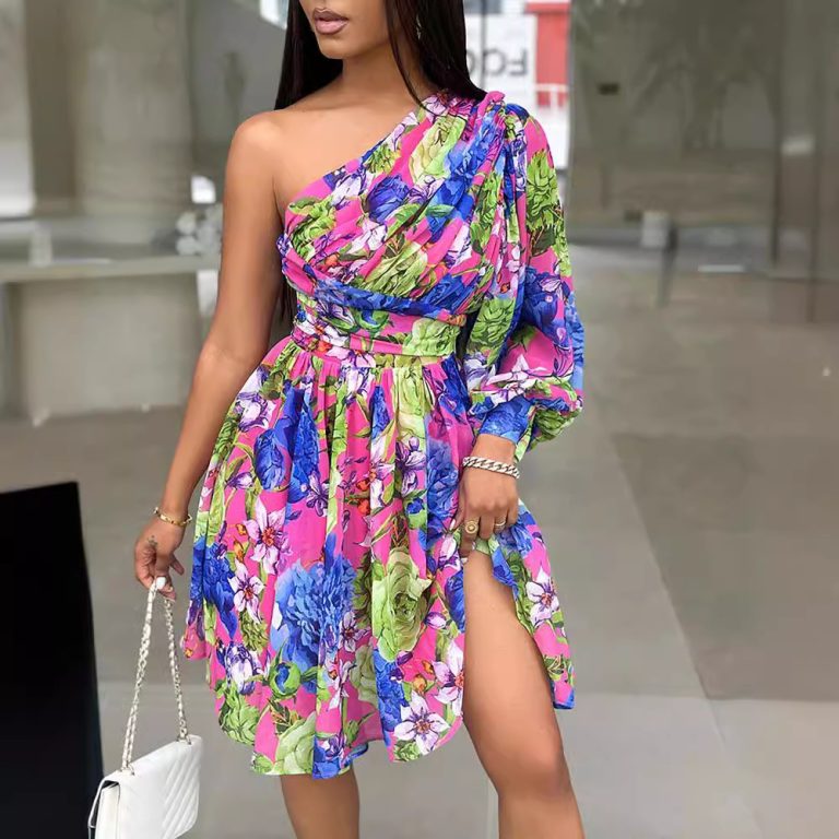 Women's Bohemian Print off Shoulder Long Sleeve Midi Dress