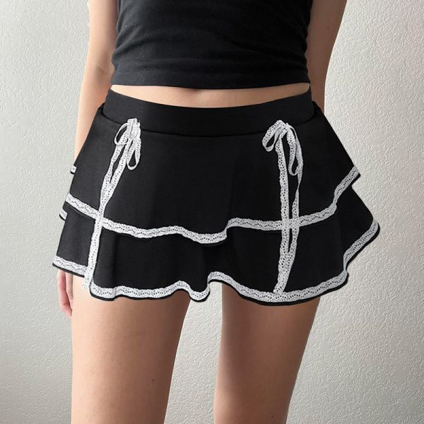 Women's Sexy Girly Black White Color Matching Lace  Skirt