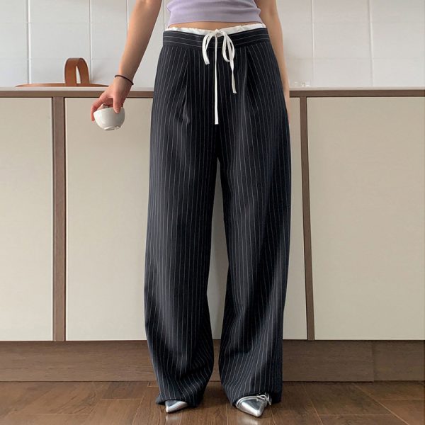 Stitching Waist Striped Lace up Contrast Color Loose Simple Casual Straight Pants