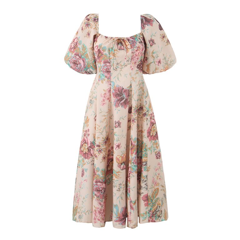 Women's Square Collar Lantern Sleeve Floral Printed Waist Controlled Large Swing Dress