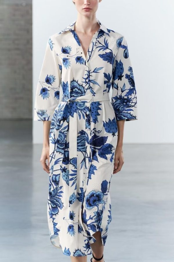 Women's Clothing With Belt Printed Shirt Dress Long Dress