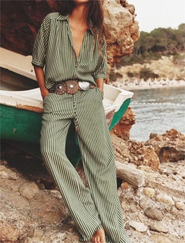 Women's  Summer Linen Blended Striped Shirt Wide Leg Pants Suit