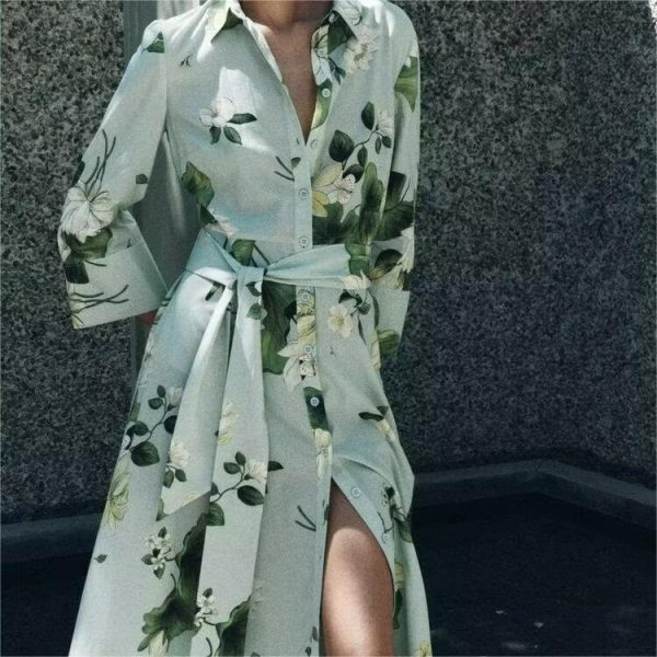 Women's Casual Retro Floral Printed Shirt Dress