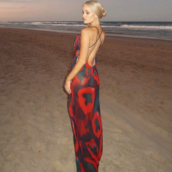 Women's Summer Printed V Neck Maxi Dress Sexy Backless Dress