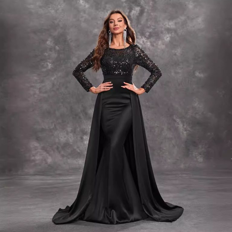 Women's Sequined Long Sleeve Round Neck Sexy Elegant Black Formal Dress