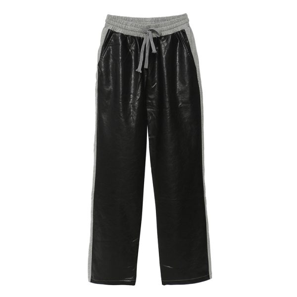 Women's  Two-Piece Casual Pants Leather Patchwork Straight Leg Pants