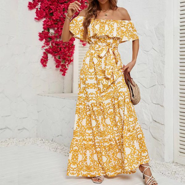 Women's Dress  off Shoulder Short Sleeve Printed Ruffled Maxi Dress