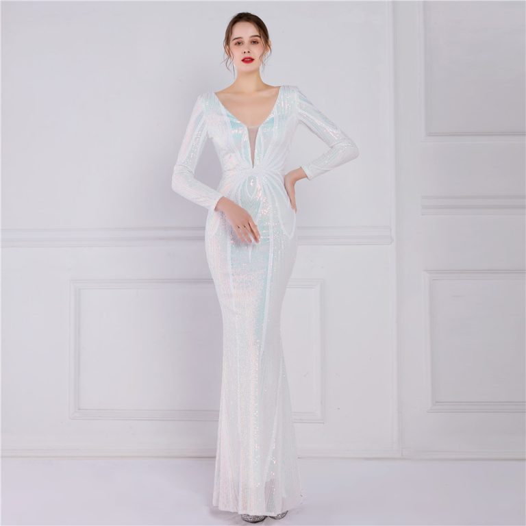 Women's Banquet Elegant Long Sleeve Sequined Queen Fishtail Dress