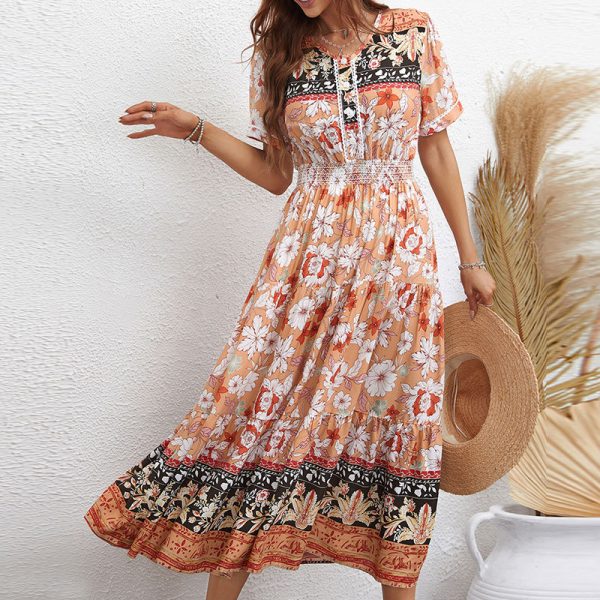 Women's Bohemian Women Dress Short Sleeve Printed Dress