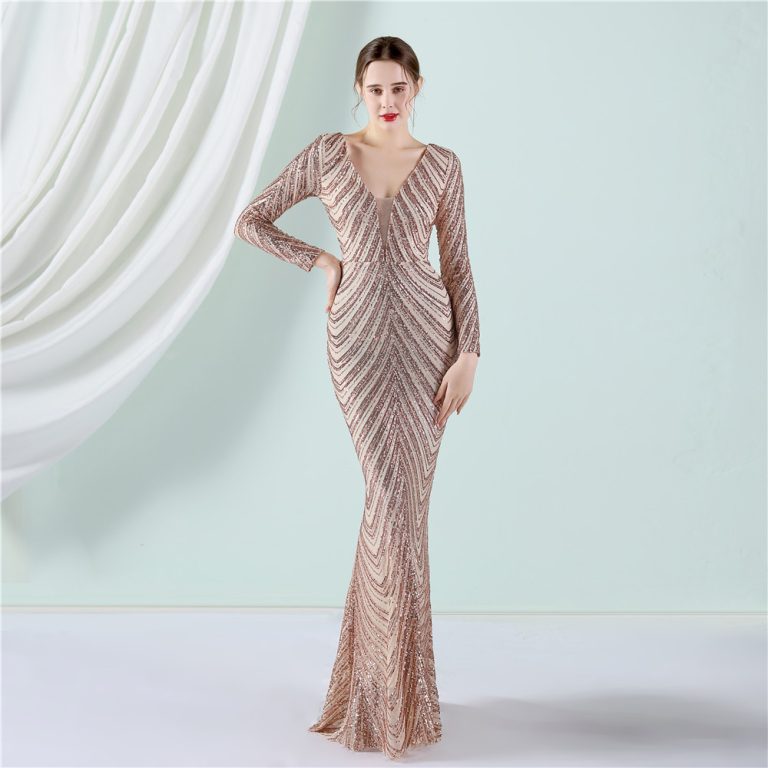 Women's Banquet Elegant Long Sleeve Sequined Queen Fishtail Dress