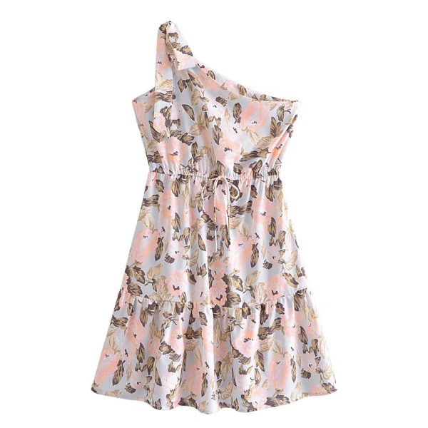 Women's One Shoulder Waist Belt Printed Dress