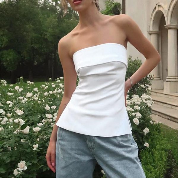 Women's Clothing Summer Solid Color Casual Polo Collar Tube Top Backless Slim Fit Slit T Shirt Top