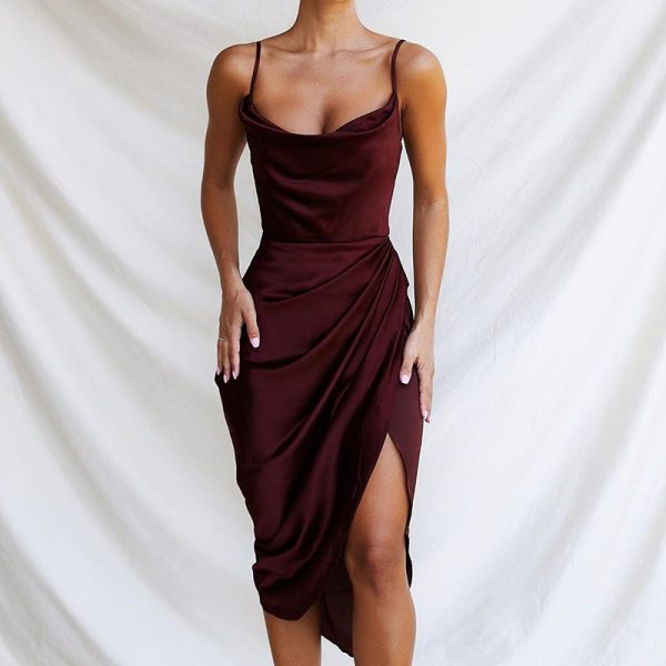 Women's Fashion Sexy Split Satin Dress Slim Sexy Sleeveless Split