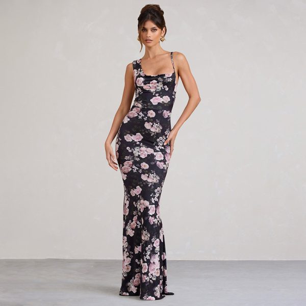 Women's  Summer Elegant Blooming Printing Slim Fit High Waist Fishtail Maxi Dress