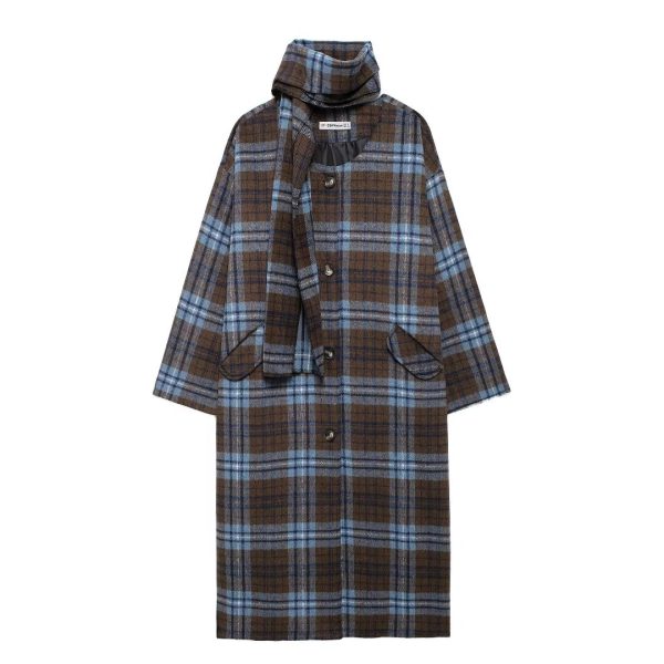 Autumn Women Scarf Collar Long Sleeve Woolen Plaid Coat Large Coat