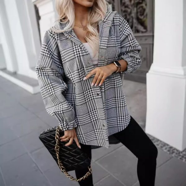 Women Clothing Autumn Hooded Plaid Coat Loose Casual