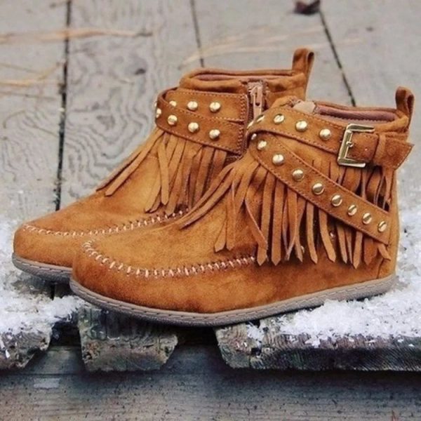 Vintage Suede Short Tassel Boots Women Flat Belt Buckle Single Boots