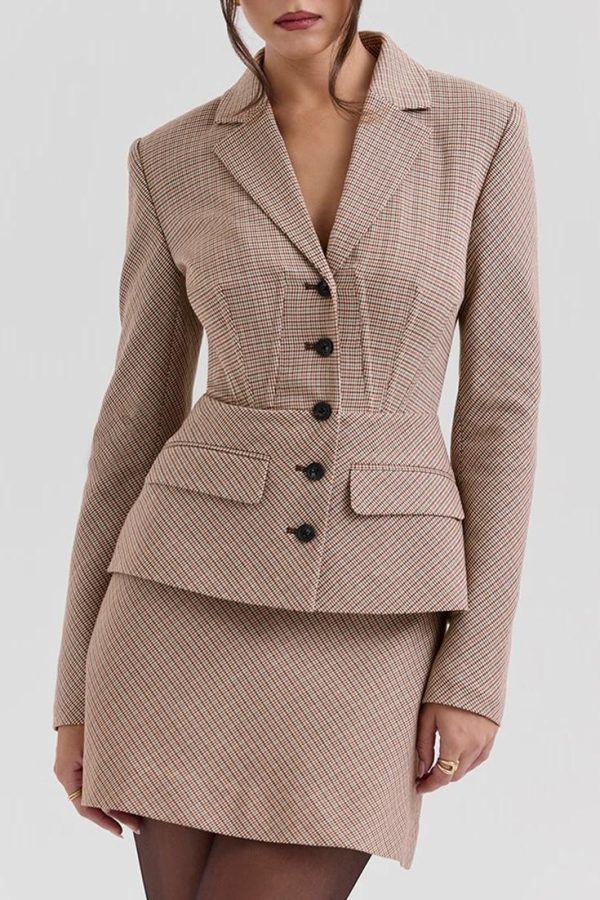 Spring Retro Boning Corset Slim Blazer A line Skirt Sets Women