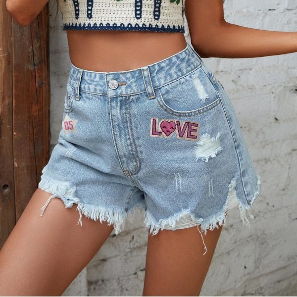 Embroidered Casual High Waist Raw Hem Ripped Denim Shorts fashion trends