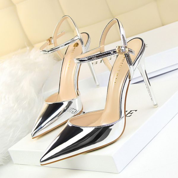 Simple Stiletto Heel Shallow Mouth Pointed Patent Leather Sexy Nightclub Slim Fit Strap Women Sandals