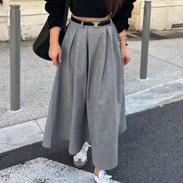 Long Skirt Retro Solid Color Large Swing Skirt High Waist Pleated Skirt