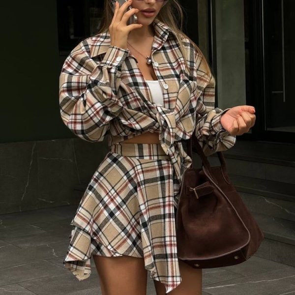 Spring Autumn Street Retro Women Clothing Set of Long Sleeved Plaid Shirt Irregular Asymmetric Skirt Loose Outfit