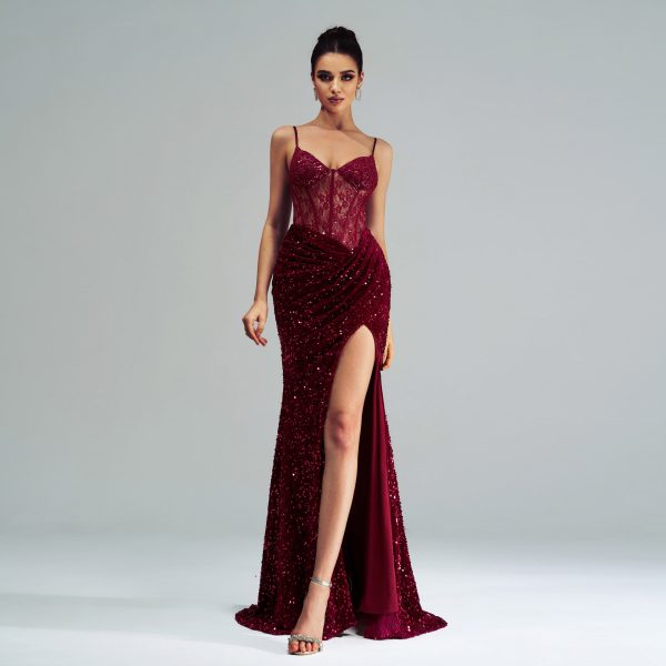 High End Spaghetti Straps Sleeveless Cocktail Sequined Hip High Fork Evening Dress