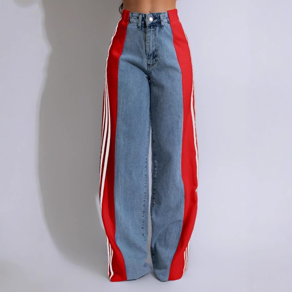 Ladies Loose Stitching Three Stripes Wide Leg Casual Straight Leg Denim Trousers