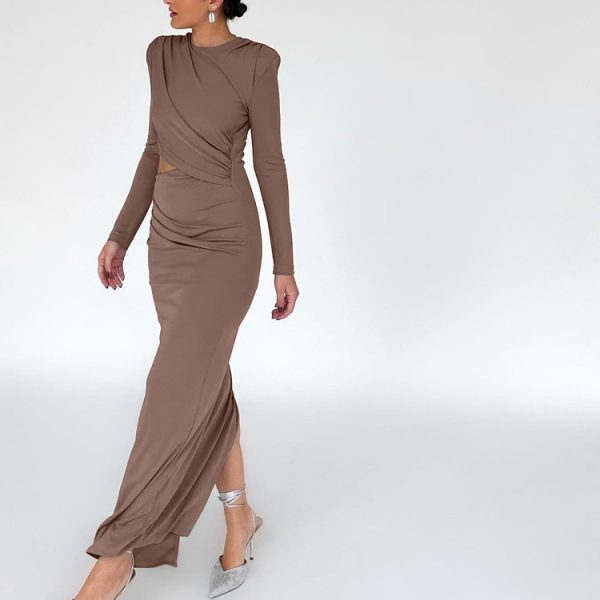 Solid Color round Neck Long Sleeve Split Hollow Out Cutout Dress