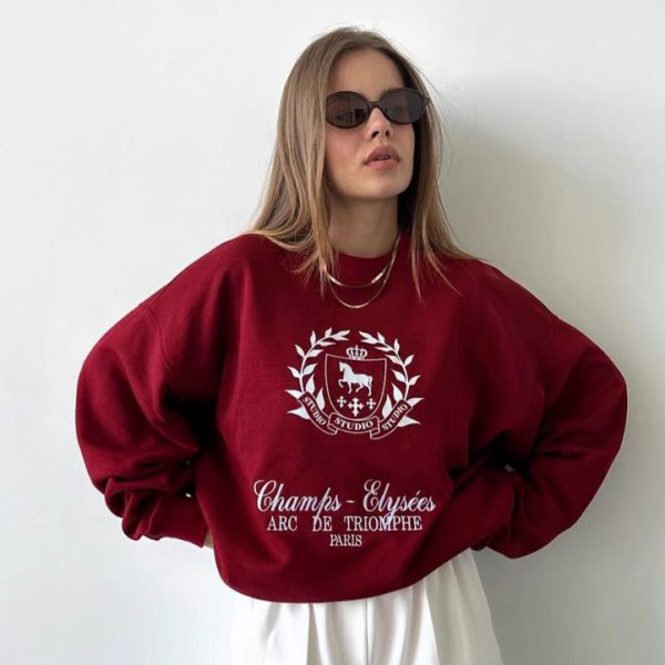 Spring Ankela Red round Neck Women Printed Pullover Sweatshirt Loose Top