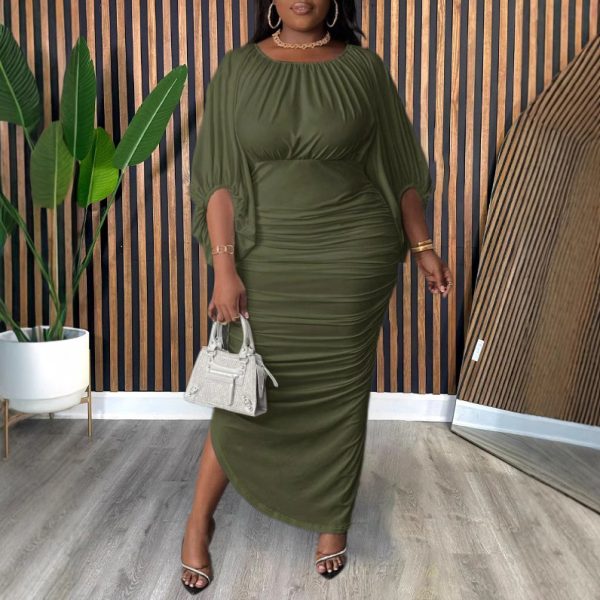 Plus Size Solid Color round Neck Raglan Sleeves Fashionable Pleated Dress